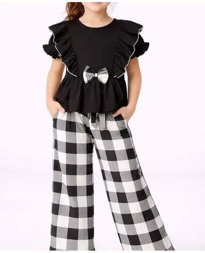 Cotton Knit Half Puffed Sleeves Bow Applique Frill Detailed Top & Pants Set -Black